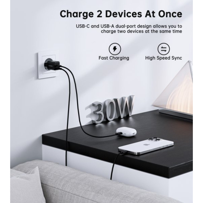 Мережевий зарядний пристрій Choetech PD5012-EU-BK, USB-A/USB-С
