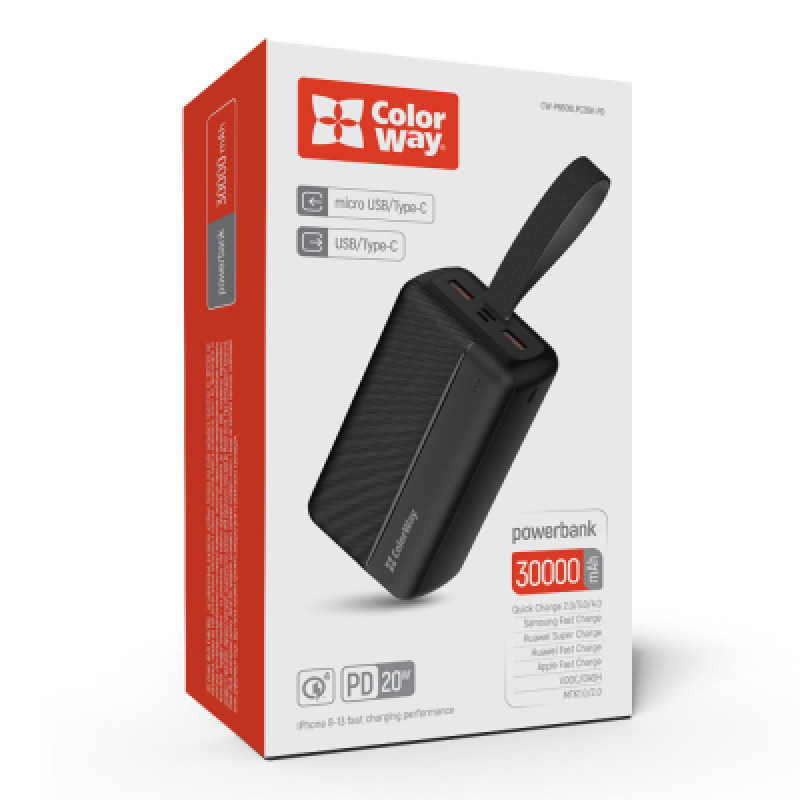 Power Bank ColorWay 30 000 mAh High-power 2(USB QC3.0 + USB-C Power Delivery 22.5W) Black