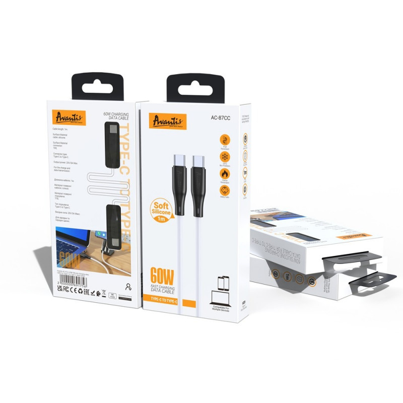 Кабель Avantis AC-87сс PD Silicone 60W Type-C to type-C Black/white