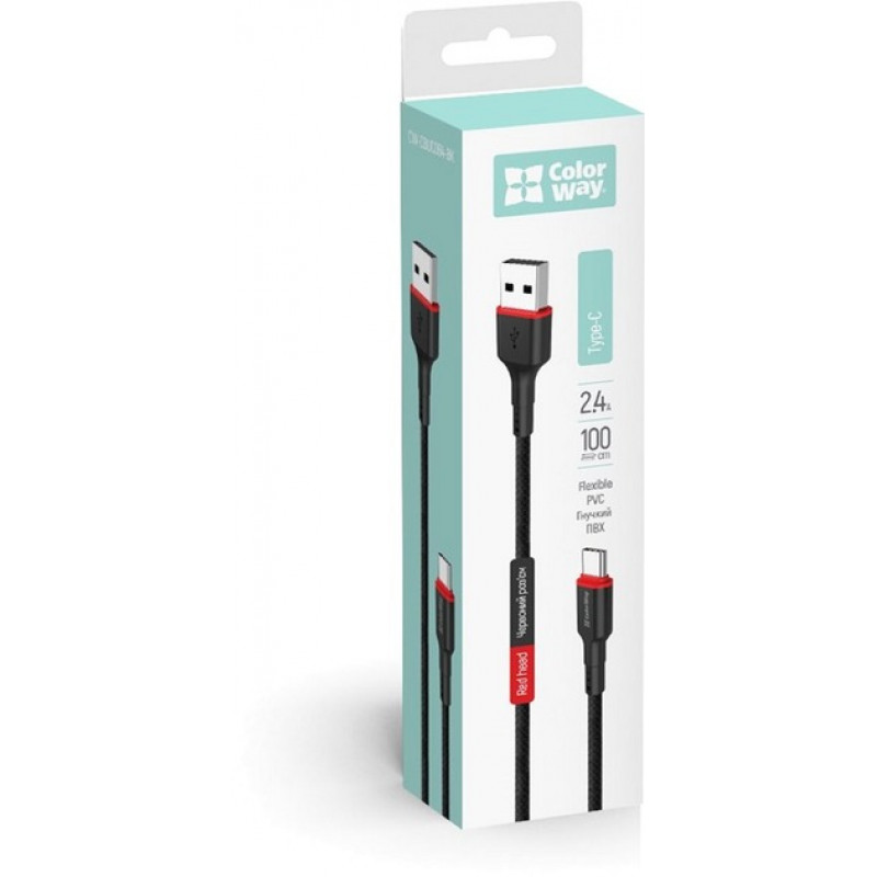 Кабель Colorway USB - Type-C (PVC - red head) 2.4А 1м CW-CBUC064-BK