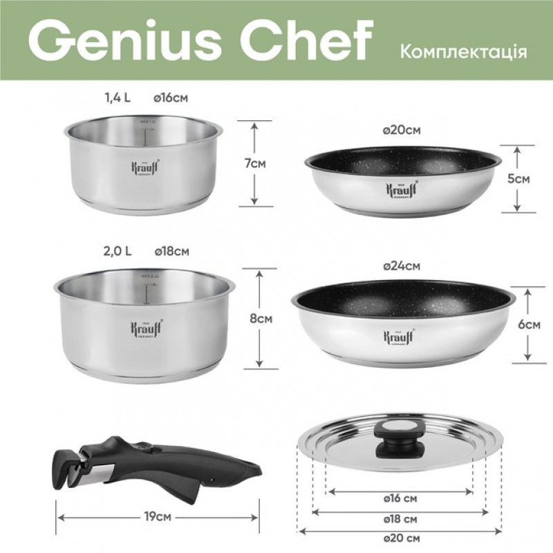 Набір посуду Krauff Genius Chef 6 пр. (26-303-016) з'ємна ручка, ун.кришка